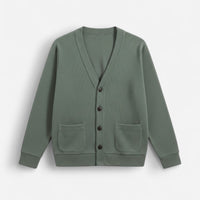 Herren Strickjacke mit V-Ausschnitt und aufgesetzten Seitentaschen – einfarbig – Olivegrün