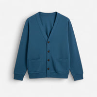 Herren Strickjacke mit V-Ausschnitt und aufgesetzten Seitentaschen – einfarbig – Blau