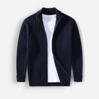 Gerippte Strickjacke für Herren mit hohem Kragen und durchgehendem Reißverschluss – Marine