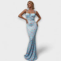 Thalia - Floral Print Prom Dress with Tied Shoulder Straps – Blau