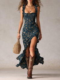 Franziska | Damen Blumen Maxikleid Spaghettiträger – Marine Blau