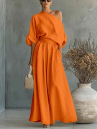 Franziska | Damen Schulterfreies Langarm Outfit Set – Orange