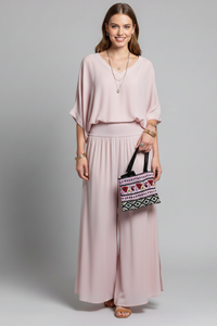 Franziska | Damen V-Ausschnitt Zweiteiler Set mit weiter Hose – Rosa