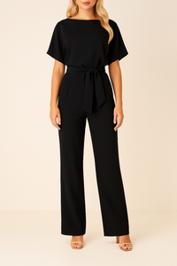 Frieda | Damen Kurzarm Jumpsuit Weites Bein – Schwarz