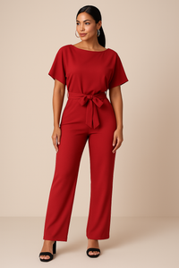 Frieda | Damen Kurzarm Jumpsuit Weites Bein – Rot