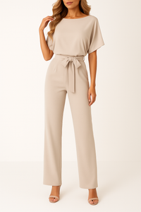 Frieda | Damen Kurzarm Jumpsuit Weites Bein – Beige
