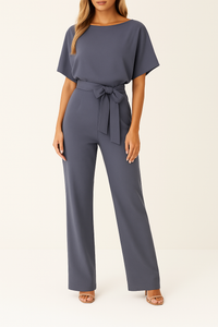 Frieda | Damen Kurzarm Jumpsuit Weites Bein – Grau