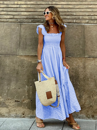 Gingham Sommerkleid mit Smokings für Damen | Maxi – Blau