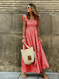 Gingham Sommerkleid mit Smokings für Damen | Maxi – Rot