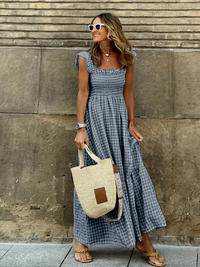 Gingham Sommerkleid mit Smokings für Damen | Maxi – Schwarz