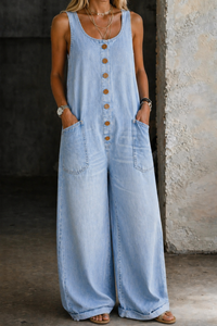 Greta | Damen Ärmellos Overall mit Knöpfen – Hellblau