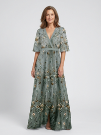 Evadne | Floral V-Ausschnitt Kurzarm Maxikleid – Grün
