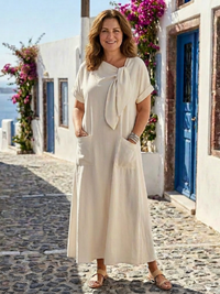 Gundula | Damen Rundausschnitt Kurzarm Maxikleid – Beige