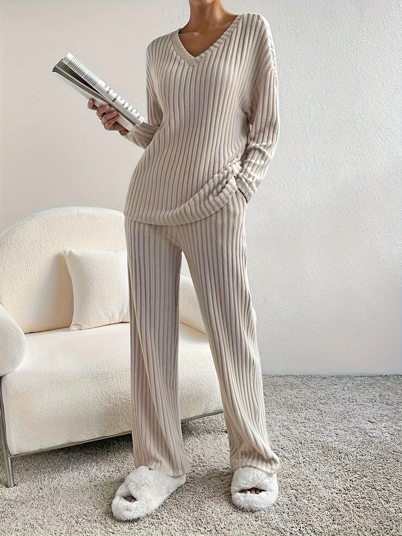 Annie - Gestricktes Lounge-Set mit Rippenmuster und V-Ausschnitt