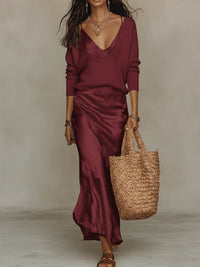 Hannah | Satin-Midikleid mit Pullover-Set – Rot