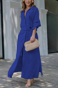 Hannelotte | Damen Blusenkleid Maxikleid mit Gürtel – Blau