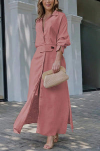 Hannelotte | Damen Blusenkleid Maxikleid mit Gürtel – Rosa
