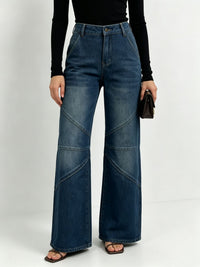 Helene | Weite High-Waist Jeans mit Ziernähten – Blau-Schwarz