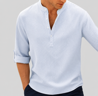 Henry | Herren gestreiftes Leinenhemd Stehkragen Langarm – Blau