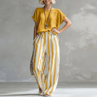 Hermione | Damen Gestreiftes Wide Leg Sommer Set – Gelb