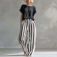 Hermione | Damen Gestreiftes Wide Leg Sommer Set – Schwarz