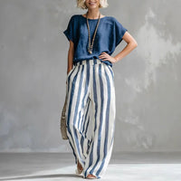 Hermione | Damen Gestreiftes Wide Leg Sommer Set – Dunkelblau