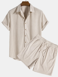 Herren geripptes Kurzarmhemd- und Shorts-Set | Moderner – Beige
