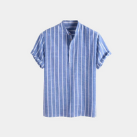 Herren kurzärmliges gestreiftes Hemd | Stehkragen – Blau