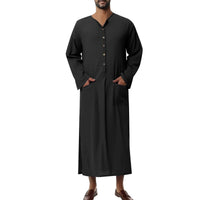 Moritz | Herren Leinen Tunika Kaftan bodenlang weiter Schnitt Stehkragen Knopfblende – Schwarz