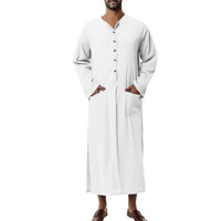 Moritz | Herren Leinen Tunika Kaftan bodenlang weiter Schnitt Stehkragen Knopfblende – Weiß