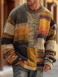 Matthias | Herren Patchwork Knit Sweater Langarm Rundhals Grobstrick – Abstrakt