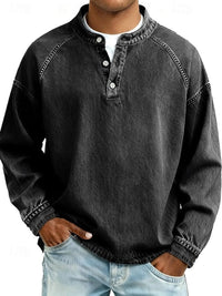 Dominik | Herren Retro Henley Knit Sweater Langarm Used-Look Pullover – Schwarz