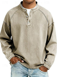 Dominik | Herren Retro Henley Knit Sweater Langarm Used-Look Pullover – Khaki
