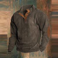 Maximilian | Herren Retro Rippstrick Pullover mit Knopfkragen und Ellbogenpatches – Braun