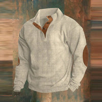 Maximilian | Herren Retro Rippstrick Pullover mit Knopfkragen und Ellbogenpatches – Beige