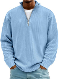 Simon | Herren Rippstrick Quarter-Zip Pullover Sweater mit Stehkragen – Blau