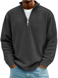 Simon | Herren Rippstrick Quarter-Zip Pullover Sweater mit Stehkragen – Schwarz