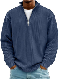 Simon | Herren Rippstrick Quarter-Zip Pullover Sweater mit Stehkragen – Marine
