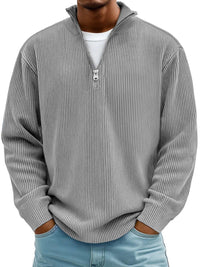 Simon | Herren Rippstrick Quarter-Zip Pullover Sweater mit Stehkragen – Grau