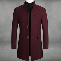 Matthias | Herren Slim-Fit Wollmantel mit Stehkragen und Knopfverschluss – Weinrot