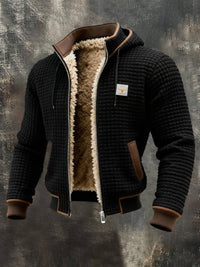 Niklas | Herren Steppjacke mit Fleecefutter Kapuze Reißverschluss Lederdetails – Schwarz