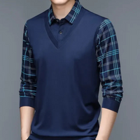 Herren warmes kariertes Poloshirt | Lang – Marine