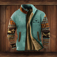 Niklas | Herren Western-Cardigan Fleece gefüttert mit Azteken-Aufdruck – Blau mit Aufdruck