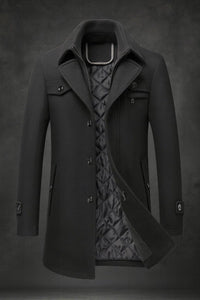 Dominik | Herren Wool Coat gefütterter Wollmantel mit Doppelkragen – Schwarz
