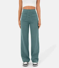 Palazzo Hose für Damen - Leichte weite Hose mit Knopfleiste für den Sommer – Grün