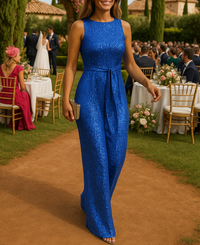 Jumpsuit für Damen - Festliche Glitzer Jumpsuit für Sommerhochzeiten – Blau
