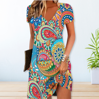 Ilonka | Damen Blumenkleid V-Ausschnitt Kurzarm Sommerkleid – Hellblau