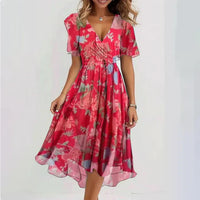 Heidi-Mode | Luftiges Chiffonkleid mit Blumenmuster – Rot