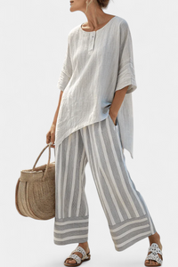 Vivian | Elegante asymmetrische Bluse & gestreifte Hose – Mehrfarbige Streifen