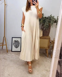 Jamie - Lässiges, lockeres, plissiertes langes Kleid – Beige